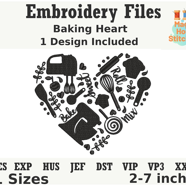 Baking Heart Embroidery File,Baking Heart Embroidery in PES, EXP,dst,HUS,jef,vip,vp3,xxx formats,Kitchen Baking Tools Embroidery file