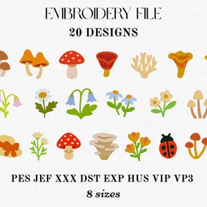 Puede incluir: Un archivo de bordado con 20 diseños que presentan ilustraciones coloridas de setas, flores y una mariquita. El archivo incluye varios formatos y 8 tamaños. El texto "EMBROIDERY FILE" y "20 DESIGNS" está en la parte superior.