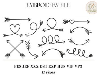 Arrow Embroidery Bundle, Heart Arrow embroidery Design, Hand Drawn Arrows, Swirl Arrow Embroidery File, Machine Embroidery, Instant Download