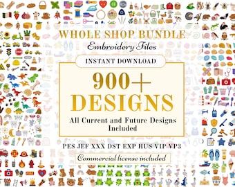 May include: A digital collection of over 900 embroidery designs featuring diverse icons like animals, food, tools, and vehicles. The text reads WHOLE SHOP BUNDLE Embroidery Files INSTANT DOWNLOAD 900+ DESIGNS All Current and Future Designs Included.