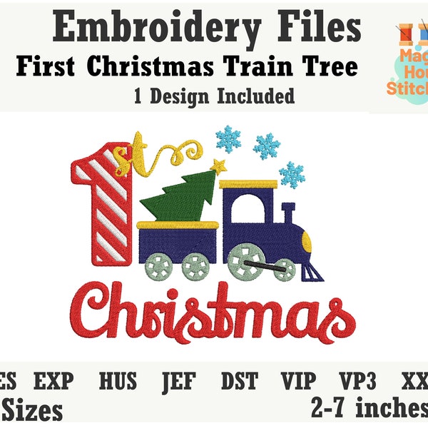 First Christmas,Train with Christmas Tree Machine Embroidery File,Christmas Embroidery File,dst,exp,hus,jef,pes,vip,vp3,xxx,1st Christmas