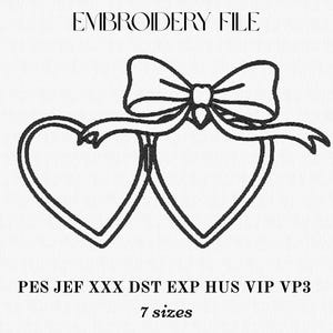 May include: Black and white embroidery file design featuring two connected hearts with a bow. The text "EMBROIDERY FILE" is at the top, and file formats and sizes are listed below. Ideal for crafting projects.