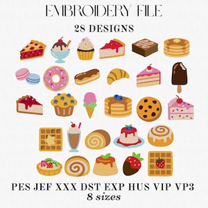Paquete de diseños de bordado a máquina de mini postres, bordado de pasteles PES, pastelería de dulces, cafetería PES, aplique de panqueques, waffles PES DST, descarga instantánea