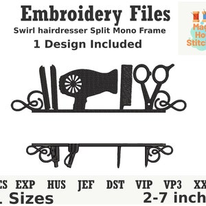 Swirl Hairdresser Split Frame Embroidery File,Swirl Blowdryer Barber Split Frame Monogram Embroidery,Dst, Exp, Hus, Jef, Pes, VIP, VP3, XXX