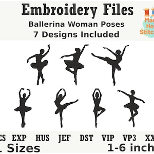 Puede incluir: Diseños de siluetas negras de bailarinas en varias poses. La imagen incluye el texto "Embroidery Files Ballerina Woman Poses 7 Designs Included". Los diseños están disponibles en 11 tamaños, de 2,5 a 15 cm.