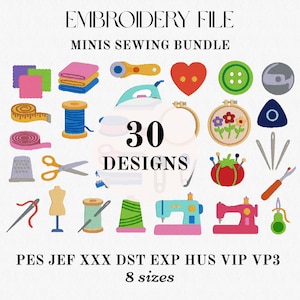 Puede incluir: Un paquete de archivos de bordado digital con el texto "EMBROIDERY FILE MINIS SEWING BUNDLE" y "30 DESIGNS". La imagen presenta ilustraciones coloridas de herramientas y suministros de costura, incluyendo tijeras, máquinas de coser y carretes de hilo.