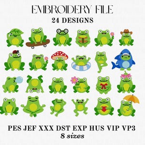 Könnte beinhalten: Eine Stickdatei mit 24 skurrilen Froschdesigns in verschiedenen Posen und mit Accessoires. Die Frösche sind hauptsächlich grün mit gelben Bäuchen. Das Bild enthält den Text "EMBROIDERY FILE" und "24 DESIGNS".