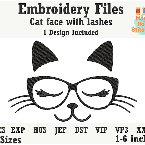 Cat embroidery file, cat eyelashes embroidery file,cat with glasses embroidery file, cat pes, eye lashes dst,exp,hus,jef,pes,vip,vp3,xxx