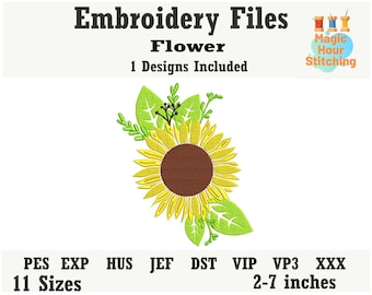 Sonnenblume mit Blätter Maschinenstickdatei,Sonnenblume pes,Blumenstickerei design,dst,exp,hus,jef,pes,vip,vp3,xx,Sun Flower Embroidery