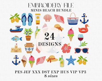 Nautical Coastal Mini Embroidery Design Bundle, Beach Summer Machine Embroidery (Instant Download)