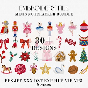 Puede incluir: Una colección de archivos de bordado titulada MINIS NUTCRACKER BUNDLE que incluye más de 30 diseños, como un ratón, cascanueces, bailarinas, un ángel, adornos, lazos, un bastón de caramelo, un hombre de jengibre, un árbol de Navidad y otros iconos.