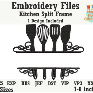 Kitchen split monogram frame embroidery file, kitchen towel embroidery design,kitchen embroidery in PES, exp,dst,hus,jef,vip,vp3,xxx formats