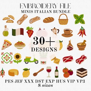 Mini Italian Food Embroidery Designs Bundle, Dolce Vita Kitchen Appliques Instant Download
