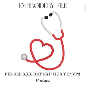 May include: An embroidery file featuring a red stethoscope in the shape of a heart. The stethoscope has white and black accents. The text "EMBROIDERY FILE" is at the top, and "PES JEF XXX DST EXP HUS VIP VP3" and "11 sizes" are at the bottom.