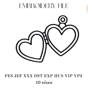 May include: A black and white line art embroidery file design of an open heart-shaped locket. The text reads EMBROIDERY FILE, PES JEF XXX DST EXP HUS VIP VP3, and 10 sizes. A circular logo in the corner says MAGIC HOUR STITCHING.