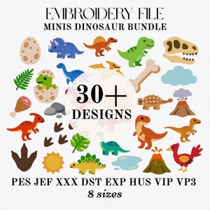 May include: An embroidery file bundle featuring over 30 dinosaur designs. The image includes various colorful dinosaur illustrations, a dinosaur skull, and other prehistoric elements. Text on the image reads "EMBROIDERY FILE MINIS DINOSAUR BUNDLE" and "30+ DESIGNS".