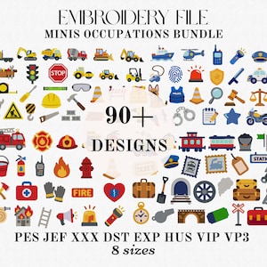 Puede incluir: Una colección digital de más de 90 coloridos diseños de bordado titulada EMBROIDERY FILE MINIS OCCUPATIONS BUNDLE. El conjunto presenta varios iconos, incluyendo vehículos de construcción, equipo de emergencia, herramientas y símbolos.