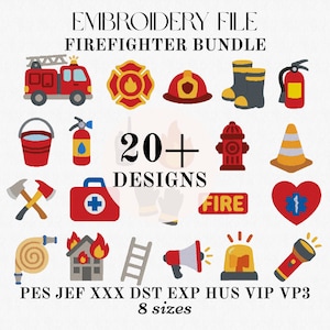 May include: An embroidery file firefighter bundle featuring over 20 colorful digital designs including a fire truck, helmet, boots, extinguisher, hydrant, axes, medical kit, heart, hose, ladder, megaphone, and siren with file formats PES, JEF, XXX, DST, EXP, HUS, VIP, VP3.