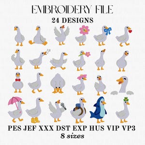 May include: An embroidery file featuring 24 cartoon goose designs, each in a different pose and some with accessories. The text "EMBROIDERY FILE" and "24 DESIGNS" are at the top. Below are file types and sizes.