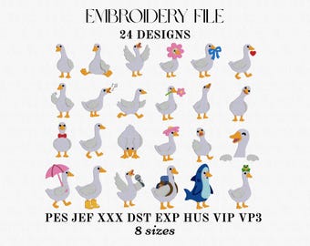 May include: An embroidery file collection featuring 24 distinct goose designs in various poses and accessories, including flowers, bows, hearts, hats, and costumes. The text reads EMBROIDERY FILE, 24 DESIGNS, PES JEF XXX DST EXP HUS VIP VP3, 8 sizes.