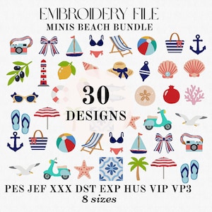 Mini Medelhavssommarbroderidesignpaket | Maskinbroderifiler för strandsemester PES DST | Snäckskal, glass, ankare, nautisk