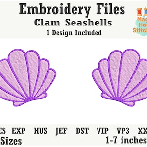 Può includere: Immagine di due ricami di conchiglie a forma di vongola in tonalità viola. Il testo "Embroidery Files Clam Seashells" è in alto, con "1 Design Included" sotto. Le dimensioni dei disegni variano da 2,5 a 17,8 cm.