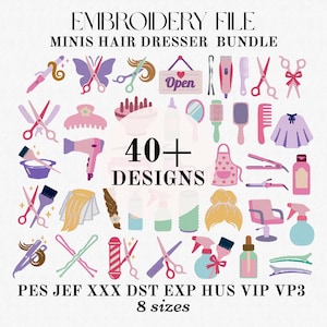 May include: An embroidery file bundle titled MINIS HAIR DRESSER BUNDLE featuring 40+ designs of salon equipment including scissors, hair dryers, combs, brushes, hair clips, styling chairs, and bottles in pink, purple, blue, and yellow tones.