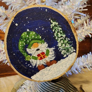 Winter Gnome, Christmas Present and Tree, Wood Slice Ornament