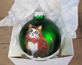 Hand Painted Glass Christmas Ornament, Kitten, Cat, Collectible Holiday Bauble.