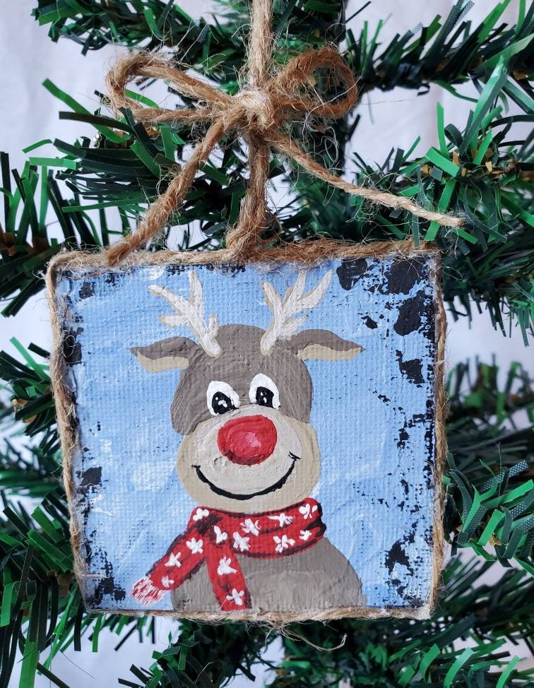 Mini Canvas Hand Painted Christmas Tree Ornament, Cute Reindeer, Jute Twine  Embellished.