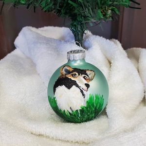 Hand Painted Glass Christmas Ornament, Corrgi, Dog, Holiday Bauble.