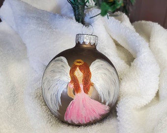 Hand Painted Glass Christmas Ornament, Angel, Holiday Bauble.