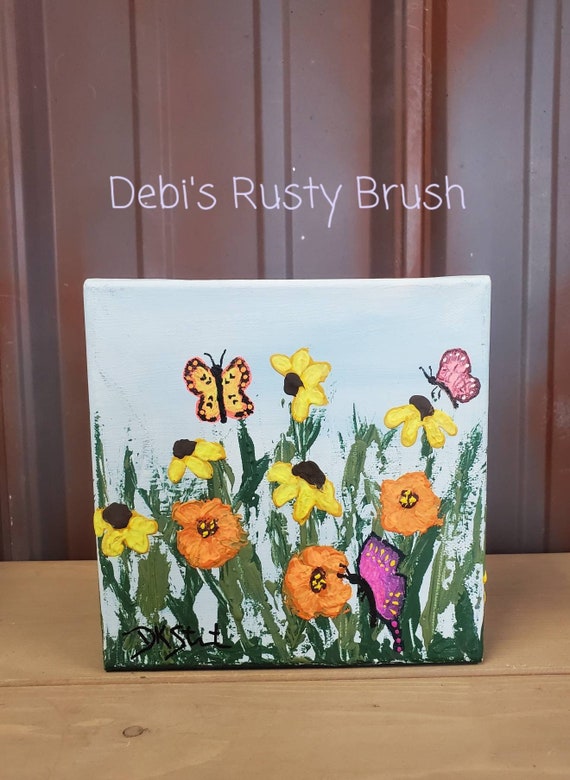 6x6 Original Art, Floral, Flowers, Butterflys, Mini Canvas Painting. 