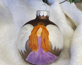 Hand Painted Glass Christmas Ornament, Angel, Holiday Bauble.