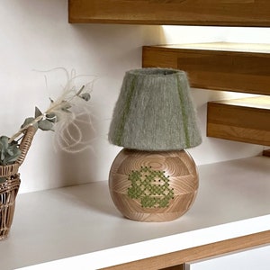 Handmade Wooden Ball Table Lamp with Embroidered Rose, Fluffy Cotton Yarn Wrapped Lampshade Green Rose Design Green