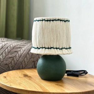 Handcrafted Green Wooden Table Lamp with White Cotton Lampshade Modern Home Decor image 1