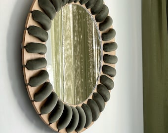 Round Mirror, Mirror wall decor, Mirror with Velvet Cord-Wrapped Wooden Frame, Wood Wall Mirror for Living Room