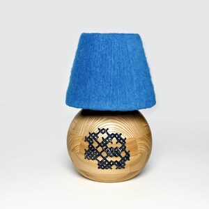 Handcrafted Wood Table Lamp, Blue Yarn Wrapped Lampshade, Artisan Desk Light, Bohemian Style Lighting, Unique Floral Wood Lamp Blue