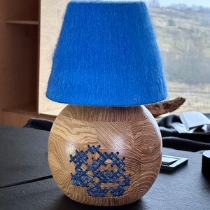 Handcrafted Wood Table Lamp, Blue Yarn Wrapped Lampshade, Artisan Desk Light, Bohemian Style Lighting, Unique Floral Wood Lamp image 8