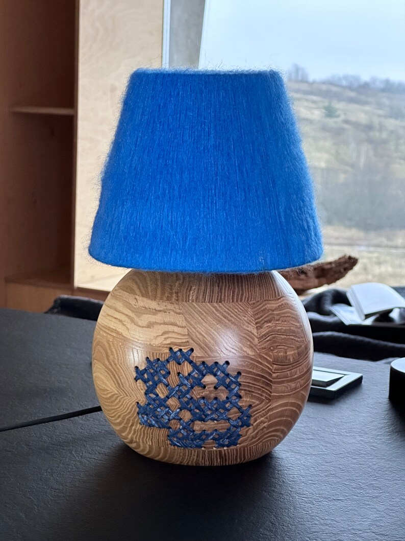 Handcrafted Wood Table Lamp, Blue Yarn Wrapped Lampshade, Artisan Desk Light, Bohemian Style Lighting, Unique Floral Wood Lamp image 8