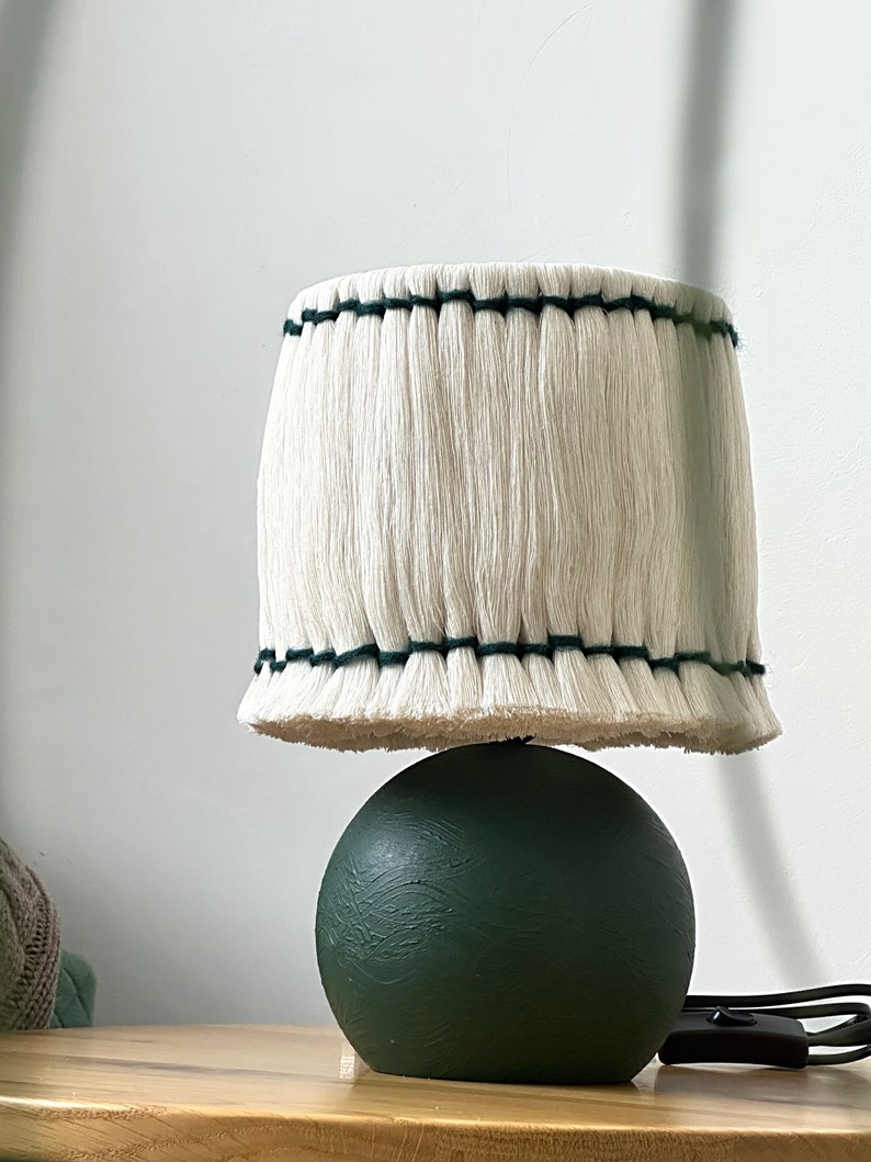 Handcrafted Green Wooden Table Lamp with White Cotton Lampshade Modern Home Decor image 6