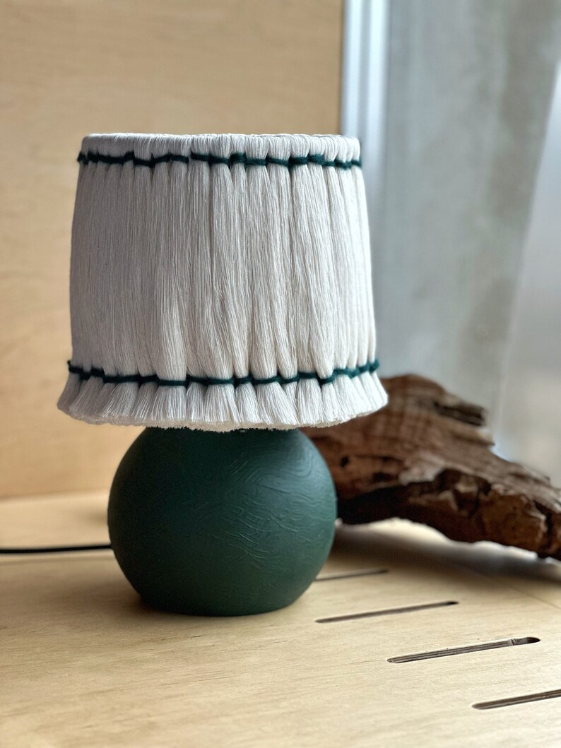 Handcrafted Green Wooden Table Lamp with White Cotton Lampshade Modern Home Decor image 7