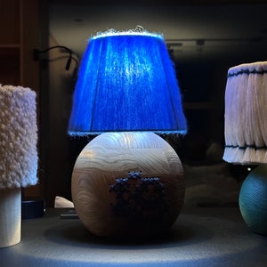 Handcrafted Wood Table Lamp, Blue Yarn Wrapped Lampshade, Artisan Desk Light, Bohemian Style Lighting, Unique Floral Wood Lamp image 5