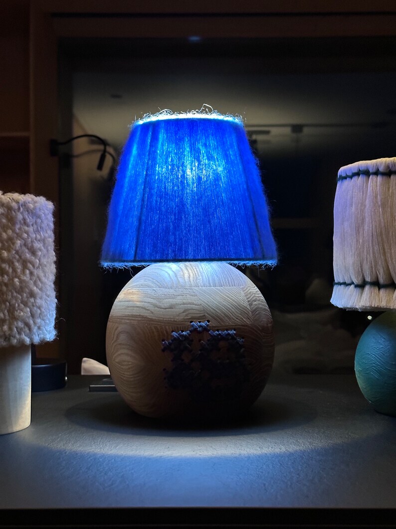 Handcrafted Wood Table Lamp, Blue Yarn Wrapped Lampshade, Artisan Desk Light, Bohemian Style Lighting, Unique Floral Wood Lamp image 5