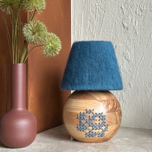 Handcrafted Wood Table Lamp, Blue Yarn Wrapped Lampshade, Artisan Desk Light, Bohemian Style Lighting, Unique Floral Wood Lamp Ocean