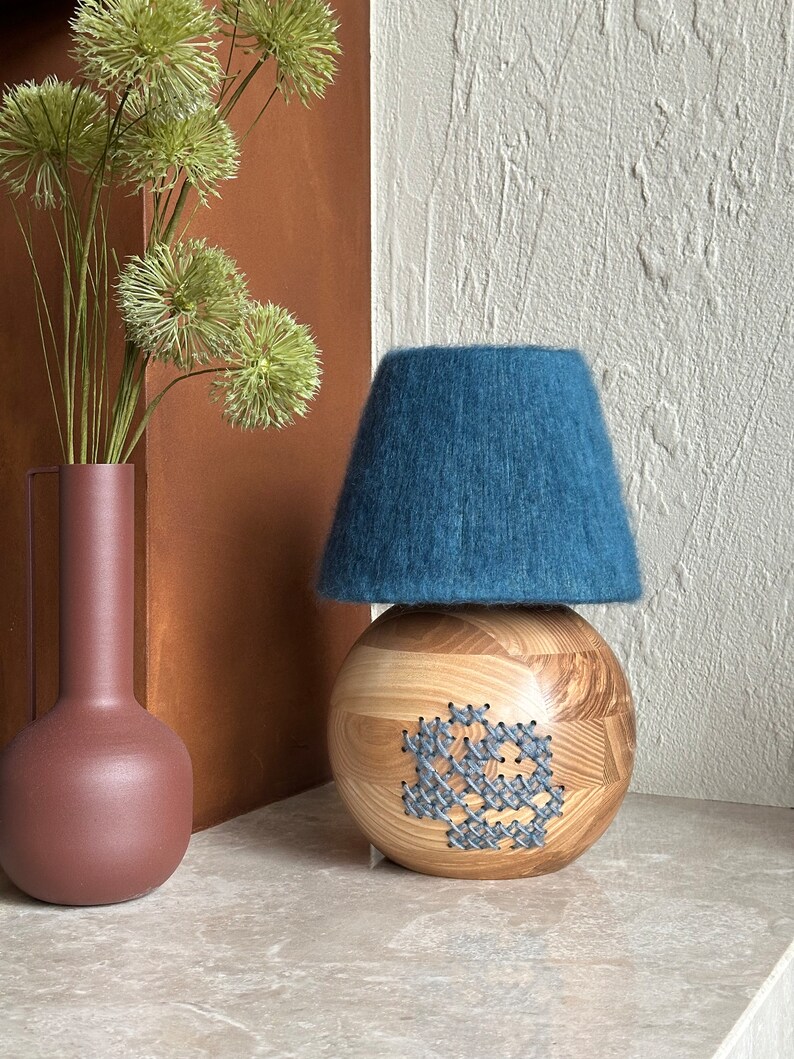 Handcrafted Wood Table Lamp, Blue Yarn Wrapped Lampshade, Artisan Desk Light, Bohemian Style Lighting, Unique Floral Wood Lamp Ocean