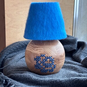 Handcrafted Wood Table Lamp, Blue Yarn Wrapped Lampshade, Artisan Desk Light, Bohemian Style Lighting, Unique Floral Wood Lamp image 4