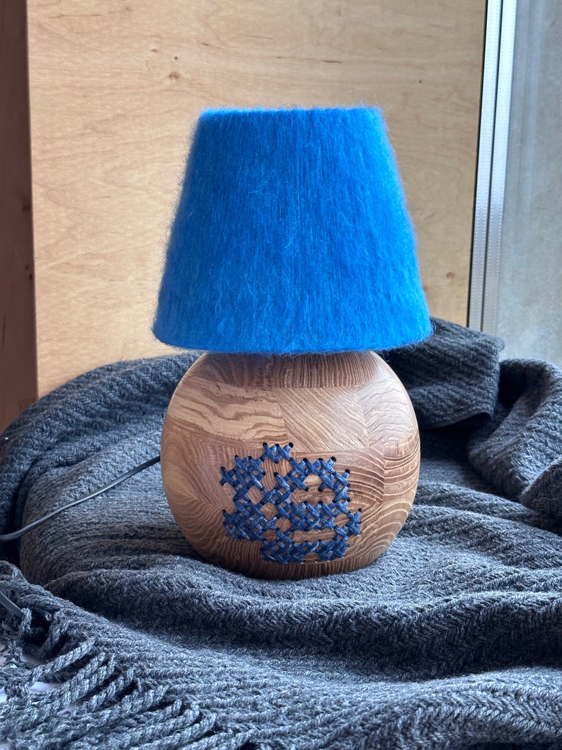 Handcrafted Wood Table Lamp, Blue Yarn Wrapped Lampshade, Artisan Desk Light, Bohemian Style Lighting, Unique Floral Wood Lamp image 4