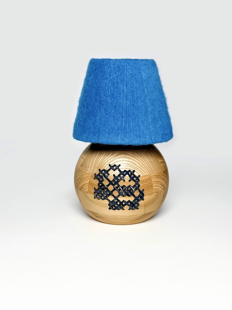 Handcrafted Wood Table Lamp, Blue Yarn Wrapped Lampshade, Artisan Desk Light, Bohemian Style Lighting, Unique Floral Wood Lamp Blue
