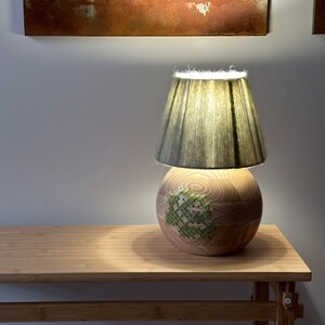 Handmade Wooden Ball Table Lamp with Embroidered Rose, Fluffy Cotton Yarn Wrapped Lampshade Green Rose Design image 2